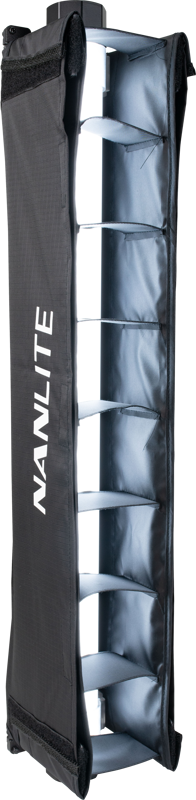 NANLITE Barndoor with eggcrate for Pavotube II 15X on suorakulmainen valonmuokkain, jossa on keskitetty, hajavalo valokuvaukseen tai videokuvaukseen, ja jonka sivussa on NANLITE-brändi.