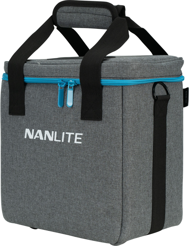 The NANLITE PavoTube II 6C Kit is a grey carry case with black handles, blue zipper and a small black side loop designed to carry your equipment safely.