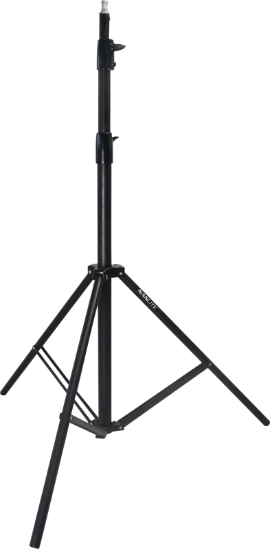 NANLITE LS-288 Light Stand, musta säädettävä kolmijalkainen kolmijalkainen jalusta, joka on suunniteltu valaistus- tai äänentoistolaitteita varten, on esillä valkoista taustaa vasten.