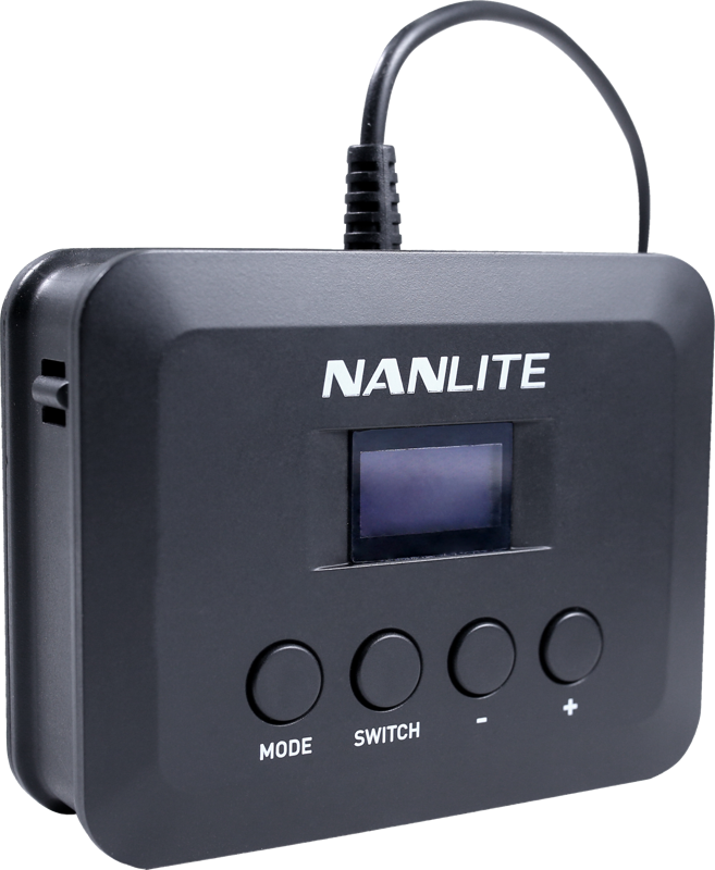 NANLITE WC-USBC-C1 Wire Controller on musta, ja siinä on pieni digitaalinen näyttö, neljä pyöreää painiketta - Mode, Switch, Minus, Plus - ja ylhäältä kiinnitettävä kaapeli.