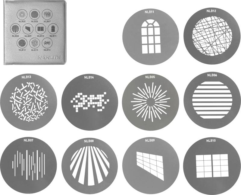 NANLITE GOBO Set 1 for PJ-BM sisältää kymmenen pyöreää metallista sabluunaa, joissa jokaisessa on selkeä geometrinen leikkaus, jossa on viivoja, rastereita ja abstrakteja muotoja. Niissä on neliönmuotoinen kotelo, jossa näkyy sabluunan numerot ja mallit.
