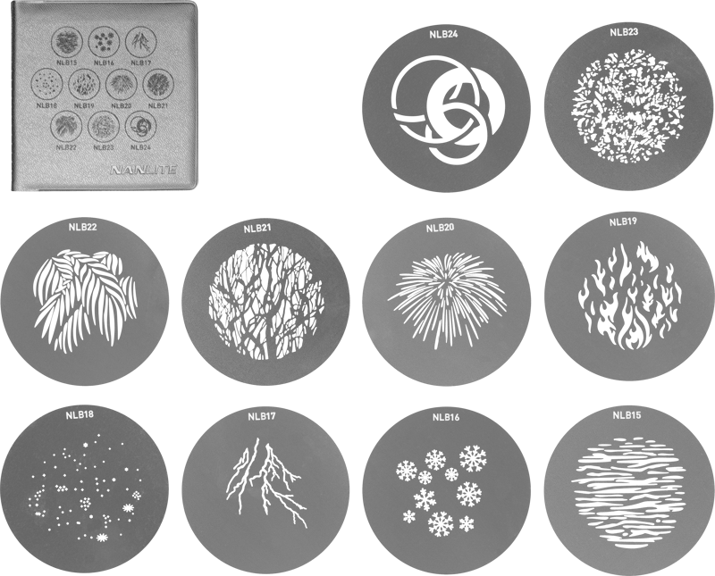 NANLITE GOBO Set 2 for PJ-BM sisältää hopeisen kotelon ja kymmenen pyöreää metallista sabluunaa, joissa on abstrakteja muotoja, kukkia, liekkejä, tähtiä, salamoita, lumihiutaleita ja aaltokuvioita valkoisella pohjalla.