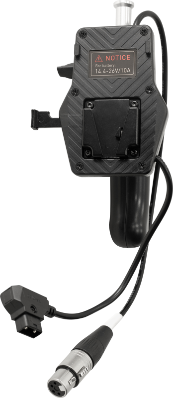 Close-up of the NANLITE V Mount battery handle with 4-pin XLR connector, a black professional device with attached cables, connectors and warning label - ideal for powering equipment.