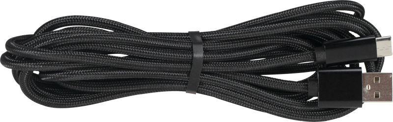 NANLITE USB-USB-C 3m -liitäntäkaapeli on musta punottu kaapeli, jossa on USB-A- ja USB-C-liitin, siististi kierrettynä ja keskellä on pieni musta hihna.
