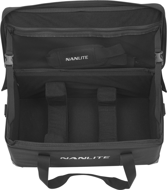 The FS Series NANLITE Carrying Case is black, has padded internal dividers and a mesh zipped pocket on the lid, and is designed to carry your equipment securely.