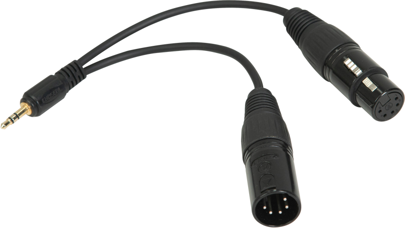 NANLITE DMX Adapter -kaapeli 3,5 mm on musta äänikaapeli, jonka toisessa päässä on 3,5 mm:n liitin, joka jakautuu XLR-uros- ja -naarasliittimiin toisessa päässä.