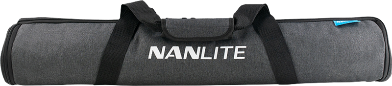Grey cylindrical carrying case with black straps and handle, with white NANLITE logo on the front. It is specifically designed for the PavoTube II 15X NANLITE bag and can hold 1 or 2 lights safely.