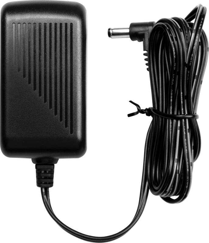 NANLITE-virtalähde 7,5V 2A on musta verkkolaite, jossa on uurrettu sivu ja pitkä musta kaapeli, jossa on suorakulmainen tynnyriliitin.