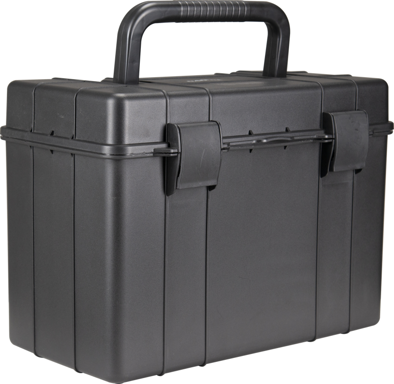 The NANLITE CC-P-38 Hard Case is a black hard plastic tool box with a sturdy top handle and two secure front flaps.