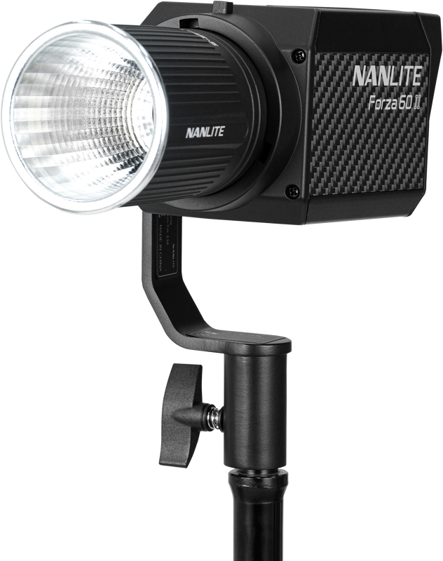 NANLITE Forza 60 II LED-spottivalo -LED-valo on asennettu mustaan jalustaan, jossa on kuvioitu runko ja suuri, pyöreä etuhajotin.