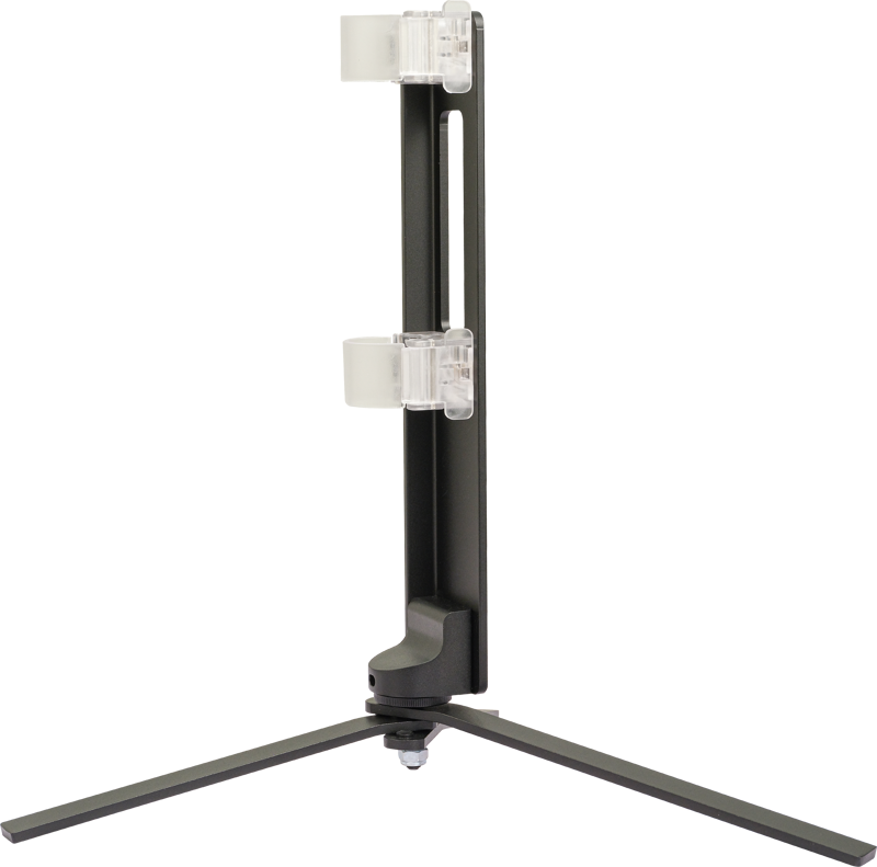 The NANLITE Floor Stand for Tube Light T12 is a black vertical stand with two transparent holders and wide feet designed to hold tube lights upright. Shown against a white background.