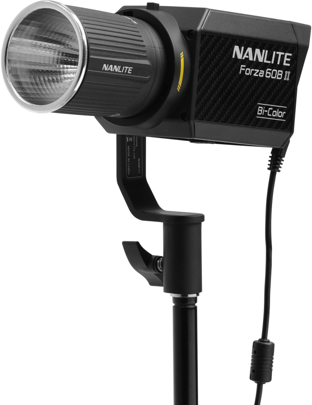The NANLITE Forza 60B II LED spotlight is mounted on a stand with a power cord attached, against a white background.