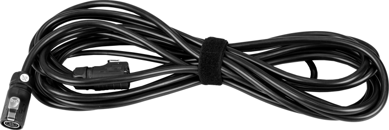NANLITE 8 Pin DC Connection Cable 7.5m for Forza 720/720B on musta kaapeli, joka on siististi kääritty ja kiinnitetty tarranauhalla ja jossa on liittimet molemmissa päissä.