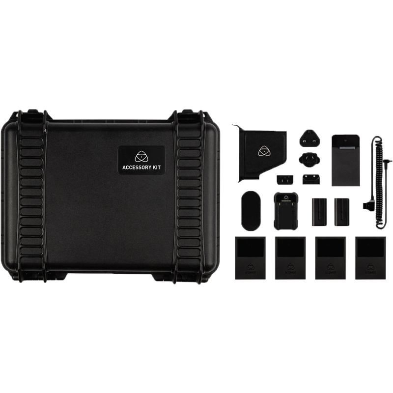 Vasemmalla näkyy musta kovakuorinen kotelo, jossa lukee "ATOMOS Accessory Kit Inferno and Flame Series", ja sen oikealla puolella on siististi järjestettyjä elektronisia komponentteja ja tarvikkeita.