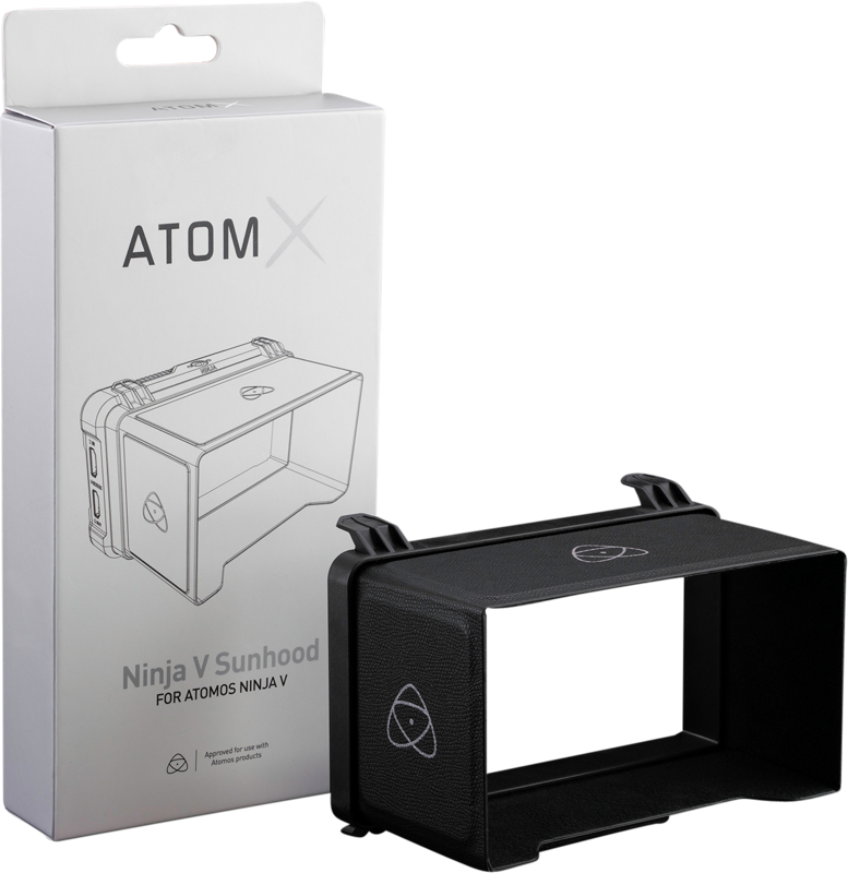 Musta ATOMOS AtomX Sunhood for Ninja V/V+ ja Shinobi -aurinkosuoja on esillä valkoisen laatikon edessä, jossa on viivapiirros ja teksti ATOMOS AtomX Sunhood for Ninja V/V+ ja Shinobi.