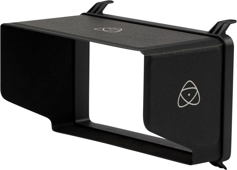 ATOMOS AtomX Sunhood for Shogun 7 on musta suorakulmainen kameramonitorin huppu, jossa on sivupaneelit, avoin keskiosa ja valkoinen atomimainen logo yläosassa ja sivuilla.