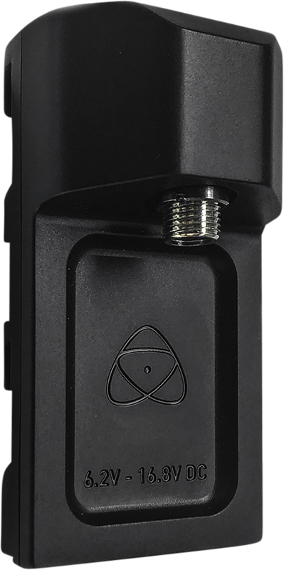 ATOMOS AtomX Battery Eliminator on musta elektroninen paristosovitin, jonka pinnalla on metallinen liitinruuvi, logo ja teksti "6.2V - 16.8V DC".