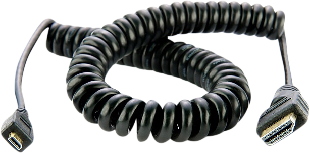 ATOMOS Coiled - Micro to Full HDMI 50cm -kaapeli, jossa on mikro-HDMI-liitin toisessa päässä ja tavallinen HDMI-liitin toisessa päässä, on kuvattu kelattuna valkoisella pohjalla.