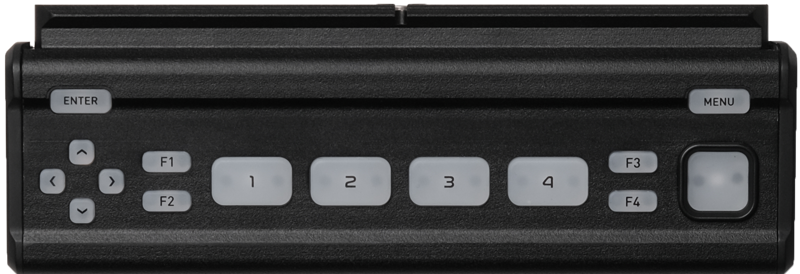 ATOMOS-painikepalkki, joka on yhteensopiva Neon 17" ja Neon 24" kanssa, on kompakti musta laite, jossa on harmaat painikkeet F1-F4 ja 1-4 sekä nuoli-, "Enter"- ja "Menu"-painikkeet.