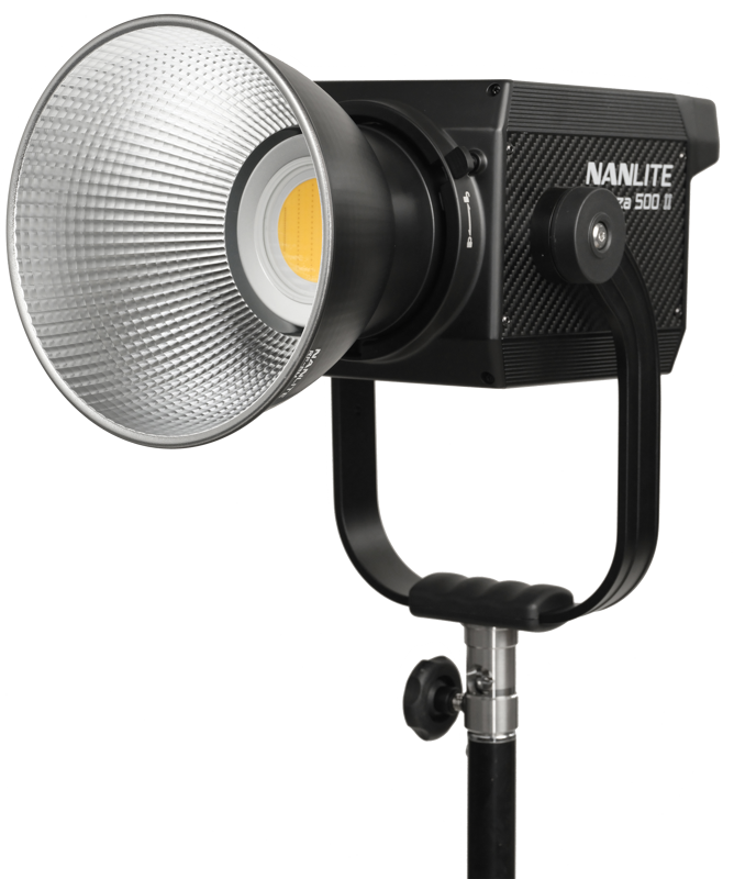 The NANLITE Forza 500 II Daylight LED Spot Light features a large reflector on a black adjustable base against a white background.