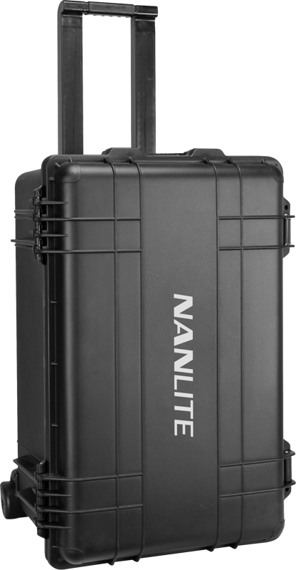 NANLITE CC-PT-37 Hardcase on musta kovakuorinen rullattava kotelo, jossa on teleskooppikahva ja valkoisella painettu "NANLITE" pystysuoraan etupuolelle.