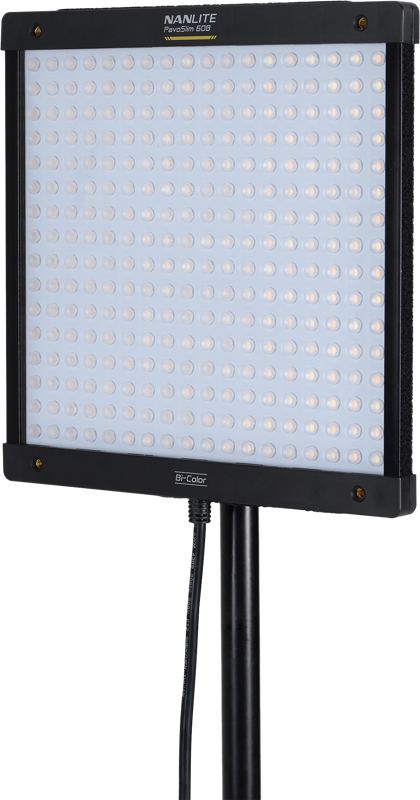 The NANLITE PavoSlim 60B LED panel is a rectangular LED light mounted on a black base with a network of small lamps and a power cord connected to the bottom.