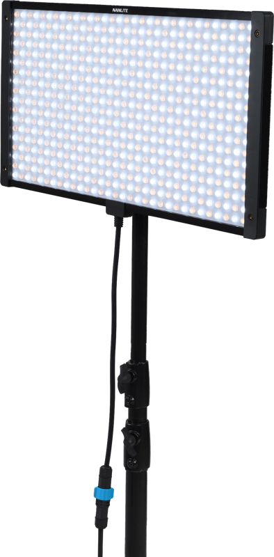 The NANLITE Pavoslim 120B LED panel is a rectangular light on a black base with a network of small LEDs and a power cord connected to the side.
