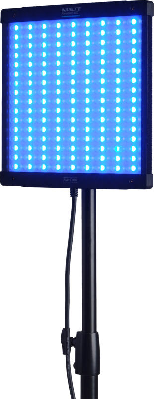 The NANLITE PavoSlim 60C RGBWW LED panel emits a bright blue light when mounted on a black adjustable stand with the power cord hanging down.