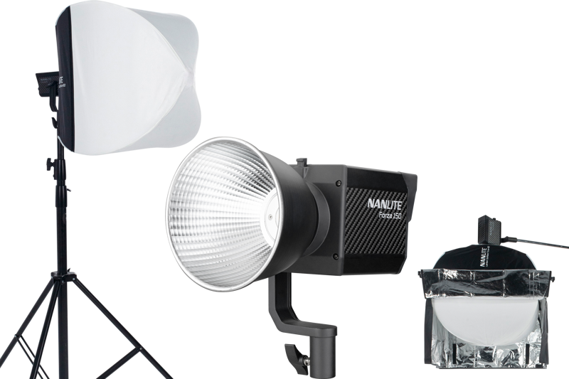 NANLITE Forza 150 & Lantern softbox 60cm (FM Mount) LED-valosarja sisältää päävalon, jossa on lyhty softbox, suuri valonheitin ja pieni LED heijastimella, kaikki valkoista taustaa vasten.