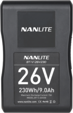 The black NANLITE battery V-mount 26V 230Wh (model BT-V-26V230) displays the specifications: 26V, 230Wh/9.0Ah, maximum discharge current 15A, and has the brand name and website printed on it.