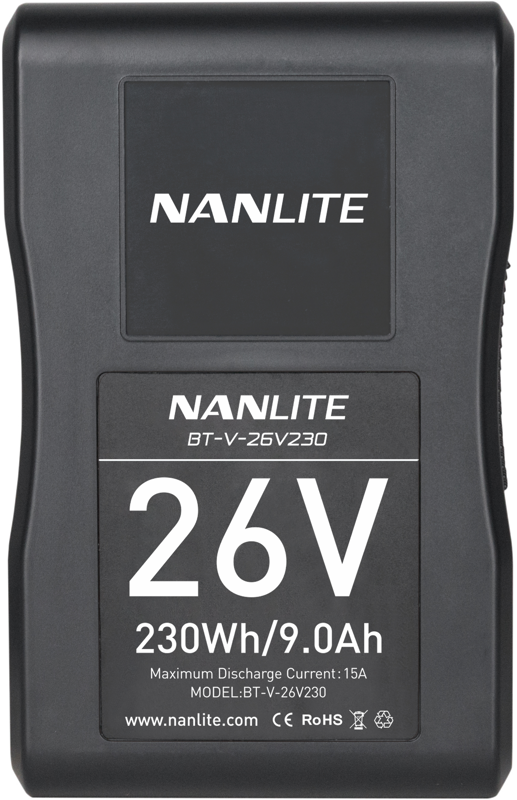 The black NANLITE battery V-mount 26V 230Wh (model BT-V-26V230) displays the specifications: 26V, 230Wh/9.0Ah, maximum discharge current 15A, and has the brand name and website printed on it.
