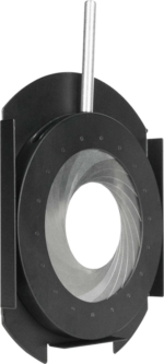 NANLITE Adjustable Iris Diaphragm for PJ-FMM on musta pyöreä lisävaruste, jossa on päällekkäiset metalliterät ja hopeinen vipu, joka on suunniteltu optisten laitteiden aukon koon tarkkaan säätämiseen.