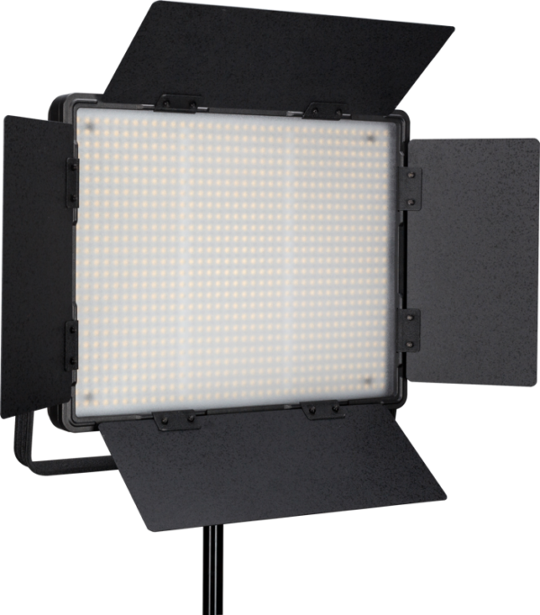NANLITE 900DSA 5600K LED-paneeli, jossa on DMX-ohjaus, on ammattimainen valaisin, jossa on suorakulmainen LED-joukko, säädettävät mustat metalliset lato-ovet ja jalustakiinnitys - ihanteellinen valokuvaukseen tai videotuotantoon.