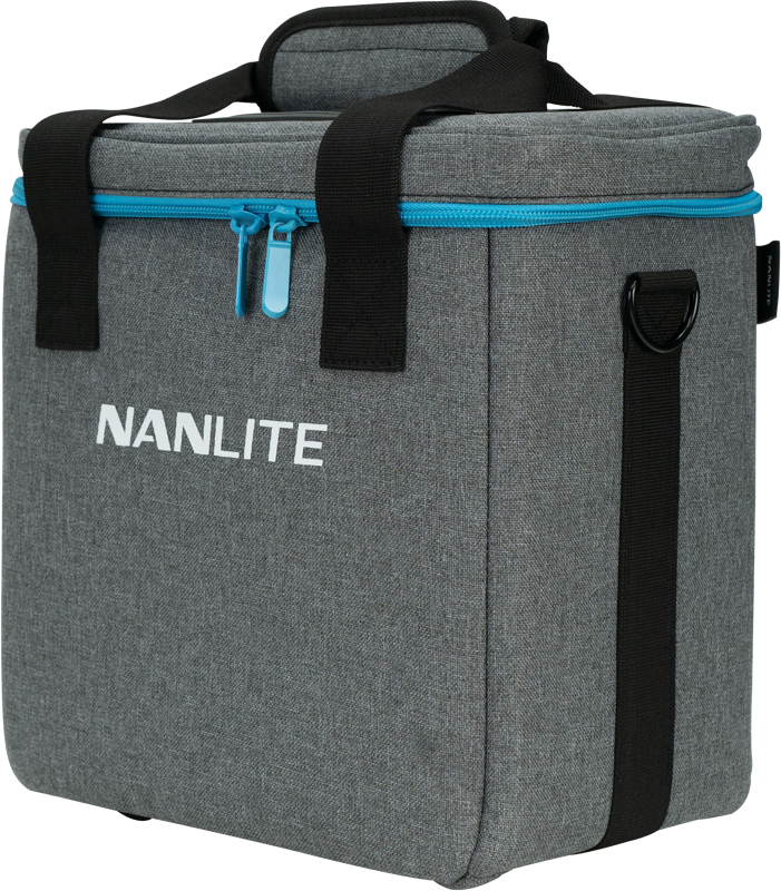 800q-02_117089 The NANLITE PavoTube II 6C Kit is grey with black handles and blue zipper, and features the NANLITE logo on the front. It provides sturdy protection for carrying equipment.