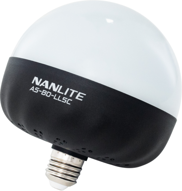 The NANLITE Bulb Diffuser for LitoLite 5C is a spherical light diffuser with a white top and black base, marked NANLITE AS-80-LLSC, with a standard screw connector at the bottom.