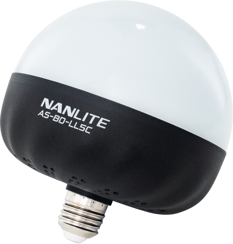 The NANLITE Bulb Diffuser for LitoLite 5C is a spherical light diffuser with a white top and black base, marked NANLITE AS-80-LLSC, with a standard screw connector at the bottom.
