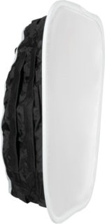 NANLITE Soft Box 1200SA/CSA/DSA LED-paneeleille on kokoontaitettava suorakaiteen muotoinen modifiointilaite, jossa on musta kangas takaosa ja valkoinen diffuusori edessä, kuvassa pystyssä valkoista taustaa vasten.