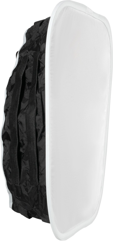 NANLITE Soft Box 1200SA/CSA/DSA LED-paneeleille on kokoontaitettava suorakaiteen muotoinen modifiointilaite, jossa on musta kangas takaosa ja valkoinen diffuusori edessä, kuvassa pystyssä valkoista taustaa vasten.