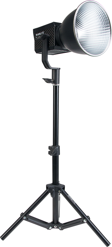 A black studio LED light with a large silver reflector is mounted on a NANLITE LS-60 base against a white background.