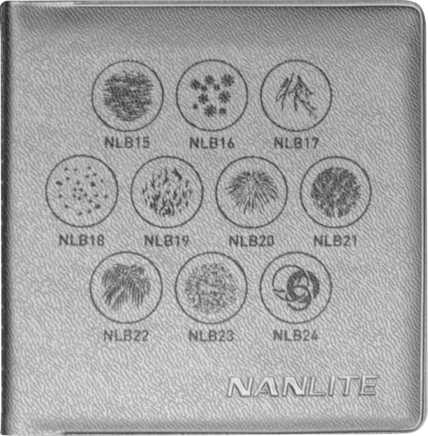 800q-02_117970 PJ-BM:n NANLITE GOBO Set 2:ssa on kuvioitu neliönmuotoinen paneeli, jossa on merkintä "NANLITE", ja siinä on kymmenen pyöreää valotehostekuviota, jotka on merkitty merkinnöillä NLB15-NLB24 ja jotka on sijoitettu kahteen viiden riviin.