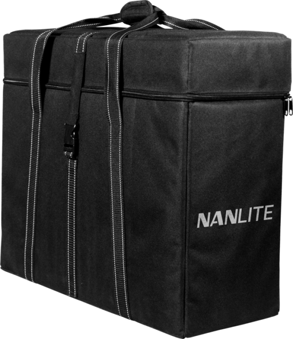 The NANLITE Carrying Bag for SA is a large, black rectangular bag with white stitching, zipper, handles and buckle strap. It features the NANLITE brand name in white letters on the front.