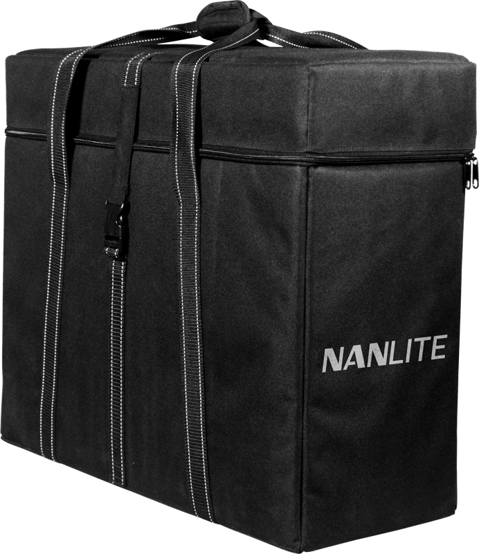 The NANLITE Carrying Bag for SA is a large, black rectangular bag with white stitching, zipper, handles and buckle strap. It features the NANLITE brand name in white letters on the front.