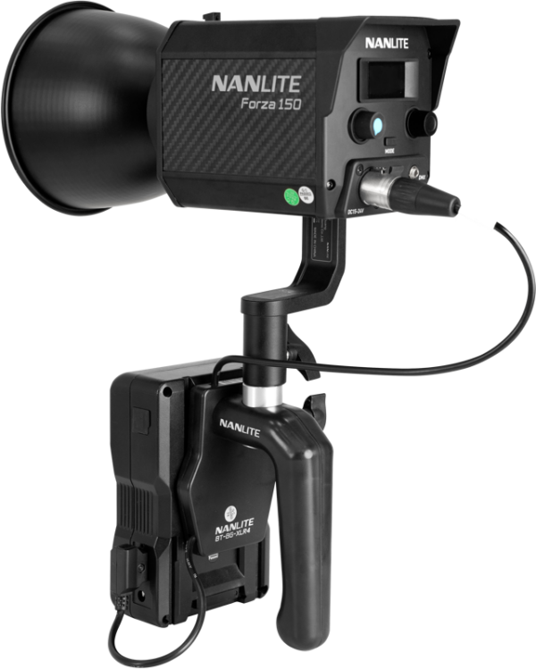 The NANLITE V Mount battery handle with 4-pin XLR connector is attached to the Nanlite Forza 150 LED studio light with the handle, control panel and visible power cables in the side view.