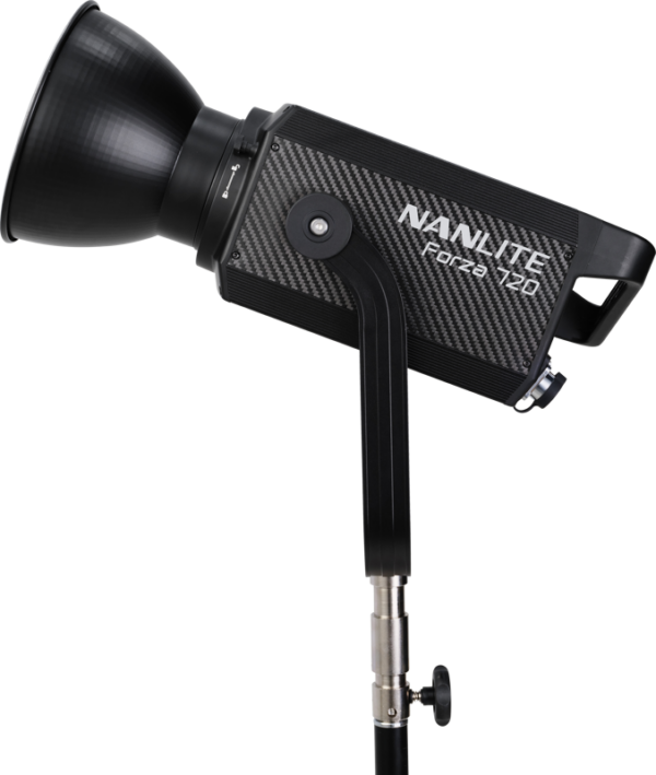 The NANLITE Forza 720 LED Spot luminaire, with a trolley housing, is mounted on a black adjustable stand and displayed against a white background.