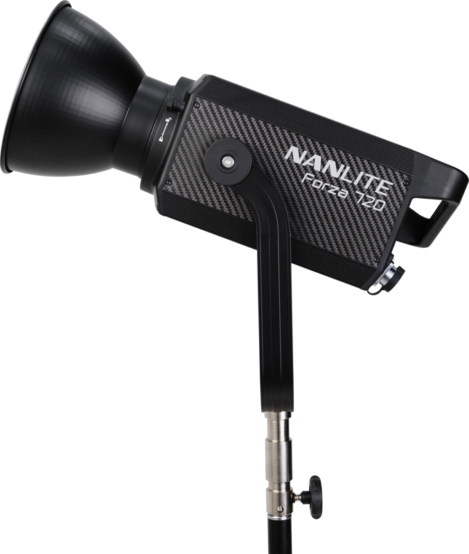 The NANLITE Forza 720 LED Spot luminaire, with a trolley housing, is mounted on a black adjustable stand and displayed against a white background.