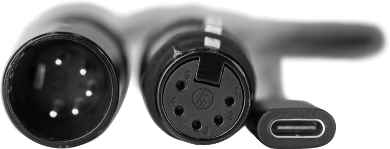Close-up of the NANLITE USB-C to DMX Cable Splitter with 5-pin XLR male, 5-pin XLR female and USB-C connector, all side by side against a neutral background.