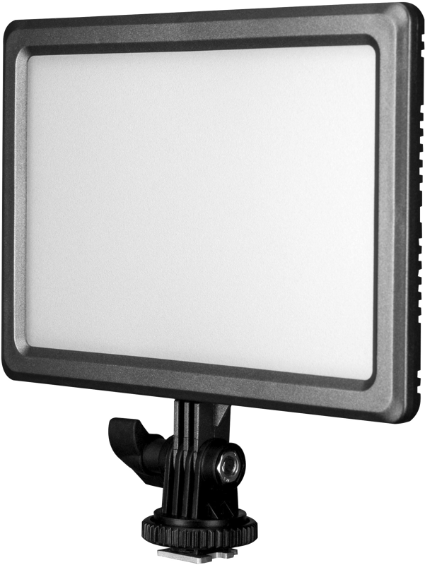 NANLITE LumiPad 11 - LED-valo on suorakulmainen LED-paneeli, jossa on himmeä diffuusori ja joka on kiinnitetty säädettävään kiinnikkeeseen ja nuppiin jalustaa tai kameraa varten.