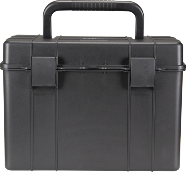 The NANLITE CC-P-38 Hard case is a sturdy black plastic tool box with a handle at the top and two front flaps.