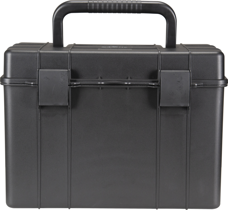 The NANLITE CC-P-38 Hard case is a sturdy black plastic tool box with a handle at the top and two front flaps.
