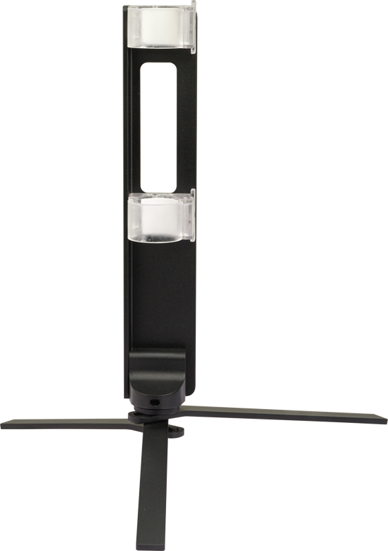 The black NANLITE Floor Stand for Tube Light T12 features a vertical, rectangular open centre, two clear cylindrical holders and a three-pointed base, all against a white background.